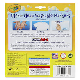 Crayola Ultra-Clean Washable Marker Set - Bright Colors, Broad Tip, Set of 10, back of package