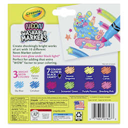 Crayola Washable Broad Line Markers - Neon Colors, Set of 10, back of the packaging