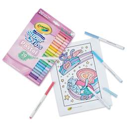 Crayola Super Tips Washable Marker - Pastel Colors, Set of 20, colored in sheet next to pack