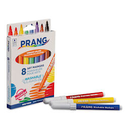Prang Washable Markers - Set of 8, three single markers laid out in front of the packaging