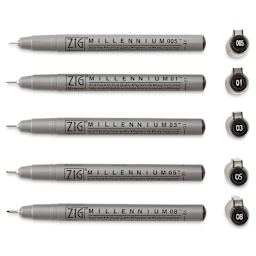 Kuretake Zig Millennium Fineliner Pens - Set of 5, Black (pens with caps removed, and ends of cap showing number)