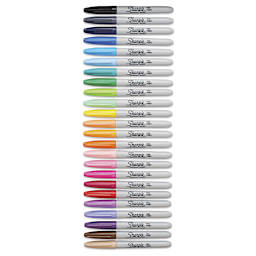 Sharpie Fine Point Permanent Markers - Set of 24 Assorted Colors.  Unpacked row of markers, caps on.