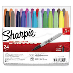 Sharpie Fine Point Permanent Markers - Assorted Colors, Set of 24, front of the packaging