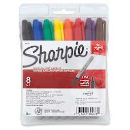 Sharpie Fine Point Permanent Markers - Set of 8 Assorted Colors. Package front with colored caps.