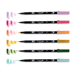 Tombow Dual Brush Pens - Teatime, Set of 6, pens next to swatches