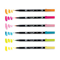 Tombow Dual Brush Pens - Happy Hour, Set of 6, pens with swatches