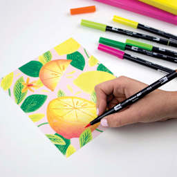 Tombow Dual Brush Pens - Set of 10, Citrus Colors. Sketch of lemons with green/yellow/pink markers. 