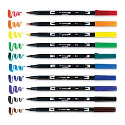 Tombow Dual Brush Pens - Primary Colors, Set of 10. Pens with swatches.