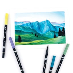 Tombow Dual Brush Pens - Landscape Colors, Set of 10. Sample artwork of mountain landscape.