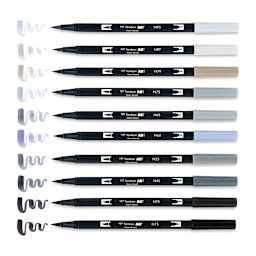 Tombow Dual Brush Pens - Gray Scale Colors, Set of 10. Pens with swatches.