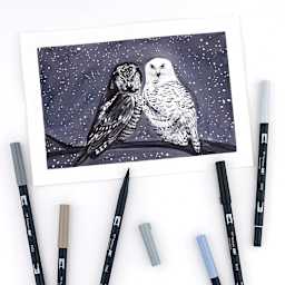 Tombow Dual Brush Pens - Gray Scale Colors, Set of 10. Sample artwork of owls.