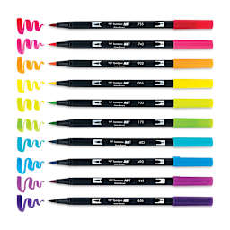Tombow Dual Brush Pens - Bright Colors, Set of 10. Pens with swatches.