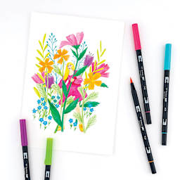 Tombow Dual Brush Pens - Bright Colors, Set of 10. Sample artwork of flowers.