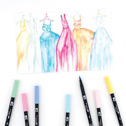 Tombow Dual Brush Pens - Pastel Colors, Set of 10. Sample artwork of dresses on hangers.