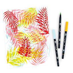 Tombow Dual Brush Pens - Tropical Colors, Set of 10. Sample artwork of leaves.
