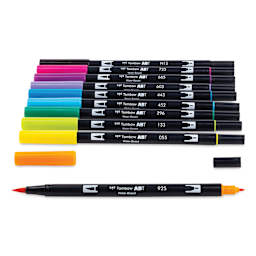 Tombow Dual Brush Pens - 80s Colors Set with one marker uncapped.