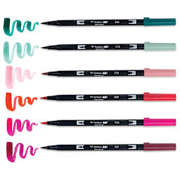 Tombow Dual Brush Pens - Very Berry, Set of 6, pens with swatches