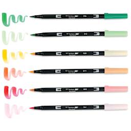 Tombow Dual Brush Pens - Just Peachy, Set of 6, pens next to swatches