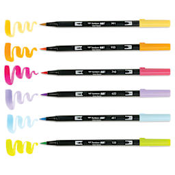 Tombow Dual Brush Pens - Yay Sorbet, Set of 6, pens next to swatches
