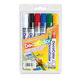 Decocolor Paint Markers - Front of blister package of Broad Tip Set of 6 Primary Colors