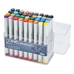 Copic Sketch Markers, Set of 36 Basic Colors. Front of clear package, four rows of markers, lid off.
