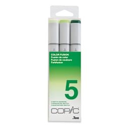 Copic Sketch Markers, Set of 3. Color Fusion 5. Front of package, light to dark green colors.
