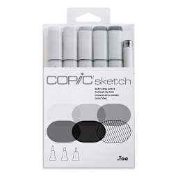 Copic Sketch Markers, Set of 6. Skteching Grays. Front of package with light to dark gray shades. 