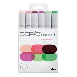 Copic Sketch Markers, Set of 6. Floral Favorites 1. Front of package of pink and green colors.