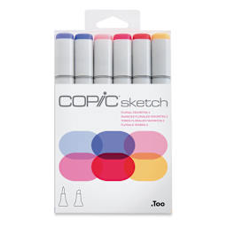 Copic Sketch Markers, Set of 6. Floral Favorites 2. Front of package of blue, pink, cream colors. 
