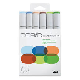 Copic Sketch Markers, Set of 6. Earth Essentials. Front of package of blue, brown, green colors. 