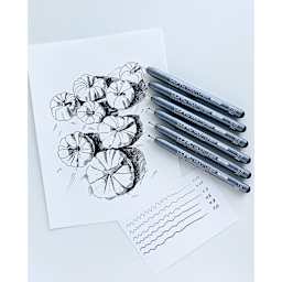 Copic Multiliner Pens, six pens on top of drawing and example of the line width