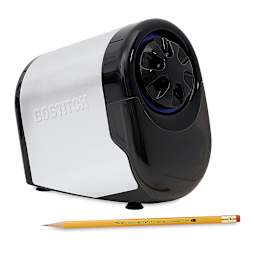 QuietSharp Glow Classroom Electric Pencil Sharpener - Side view of sharpener with pencil in front