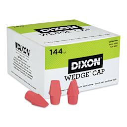 Dixon Wedge Pencil Cap Erasers - Pink, Box of 144, three erasers in front of the packaging