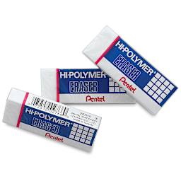 Pentel Hi-Polymer Erasers - 3 Small White Erasers shown in packaging