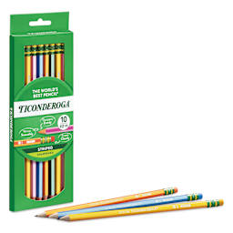 Ticonderoga No. 2 Striped Pencil - Pkg of 10, thee pencils laid in front of packaging
