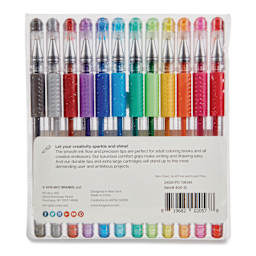 Kingart Studio Gel Pens - Set of 12, Glitter Colors, back of the packaging