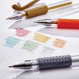 Kingart Studio Gel Pens - Set of 20, Metallic Colors, three pens laid on paper with pen swatches