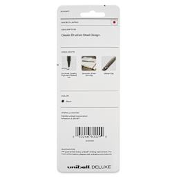 Uni-Ball Deluxe Rollerball Pens - Gunmetal, Micro Tip, 0.5 mm, Set of 3, back of the packaging