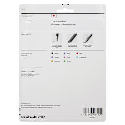 Uni-Ball Signo 207 Rollerball Gel Pens - Assorted Colors, 0.7 mm, Set of 8, back of the packaging