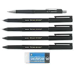 Manga Drawing Set - Components of Drawing set shown horizontally and pens uncapped