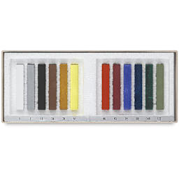 Holbein Artists' Soft Pastel Set - Set of 12 Assorted Colors shown open in package tray