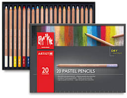 Caran d'Ache Pastel Pencil Set - Set of 20 (open to show contents, with lid set to side)