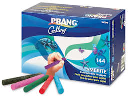 Prang Ambrite Paper Chalk - Angled view of package of 144 pcs with 5 chalk sticks loose in front
