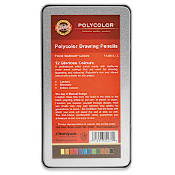 Koh-I-Noor Polycolor Dry Color Drawing Pencil Set - Assorted Colors, Tin, Set of 12, back of tin case