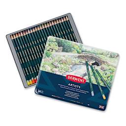 Derwent Artist Pencil Set - Tin Box shown open with Set of 24 pencils in tray
