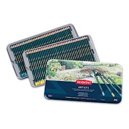 Derwent Artist Pencil Set - Tin Box shown open with Set of 72 pencils shown in 2 storage trays