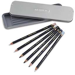 Derwent Artists Pencil Set - Components of Set of 6 Black and White Colors shown with Tin 