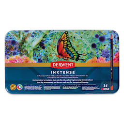Derwent Inktense Pencil Set - Assorted Colors, Tin Box, Set of 36, front of tin