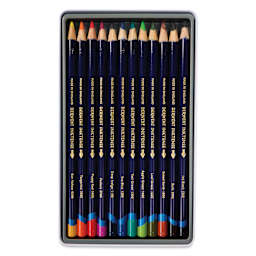 Derwent Inktense Pencils - Set of 12 with push button waterbrush, Tin Box open showing pencils
