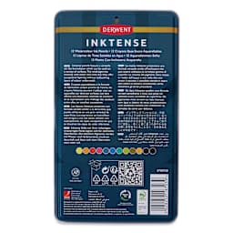 Derwent Inktense Pencils, back of the Tin Box Set of 12 with push button waterbrush